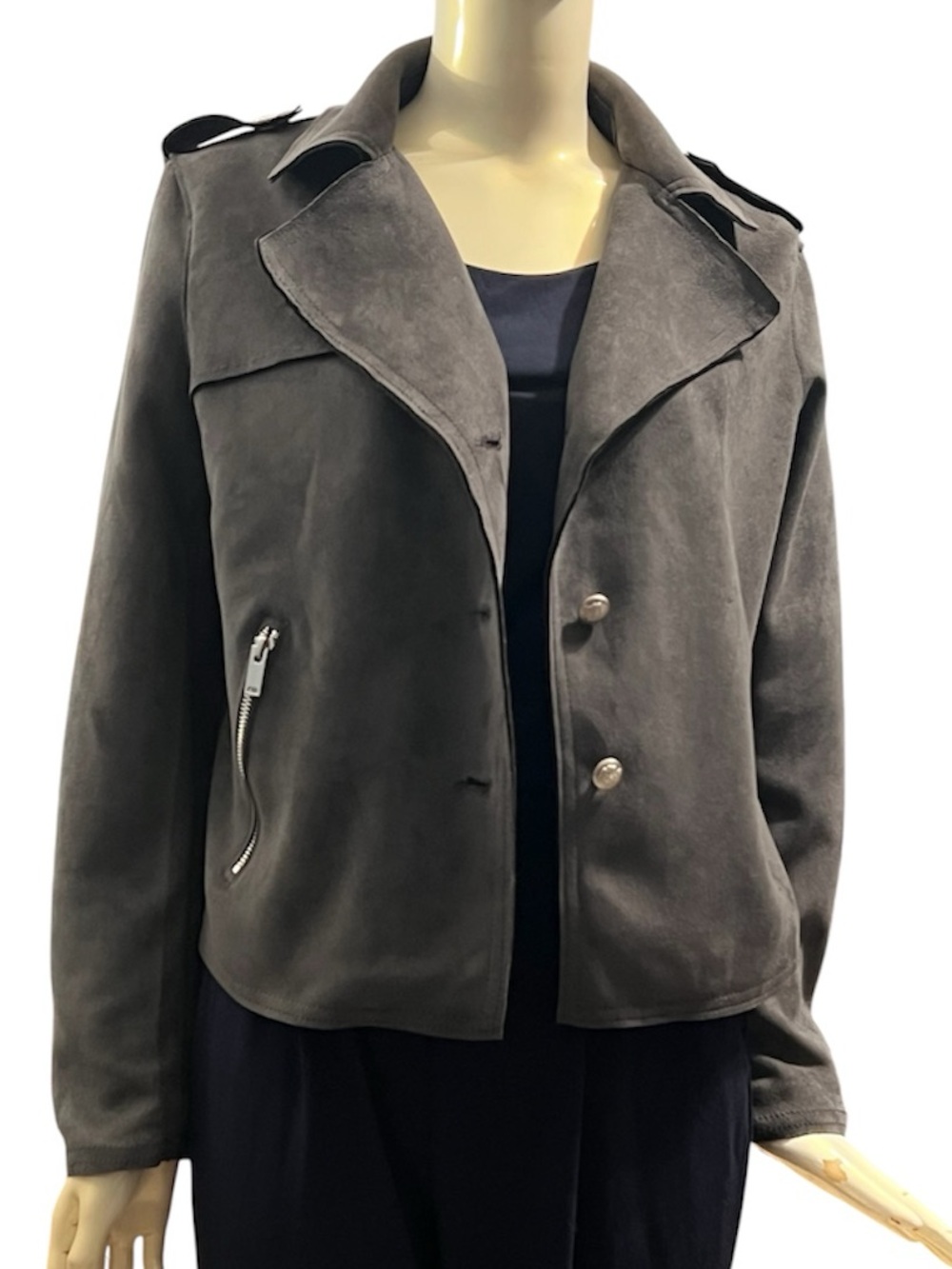 Tahari Olive Suede Moto Jacket with Zip Pockets